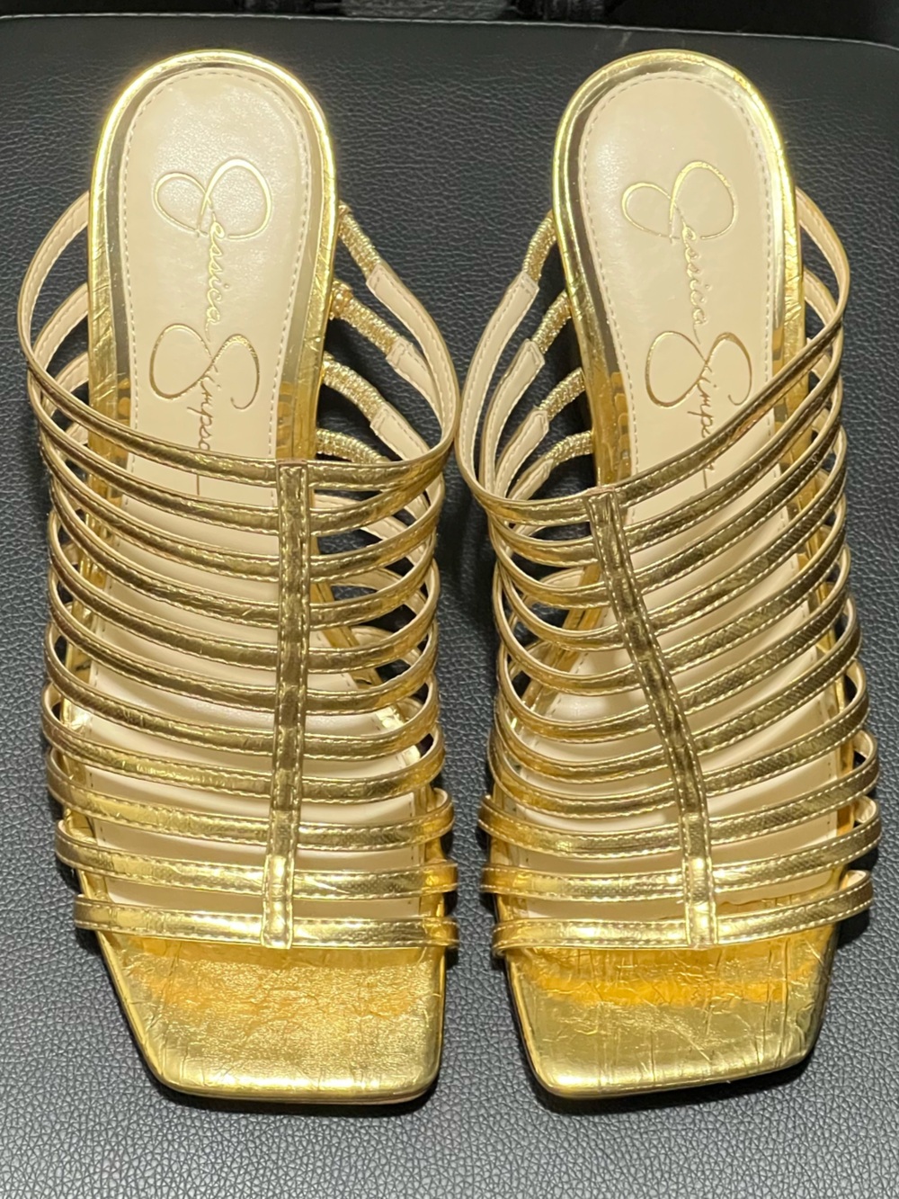 Jessica Simpson Metallic Gold Strappy Mules